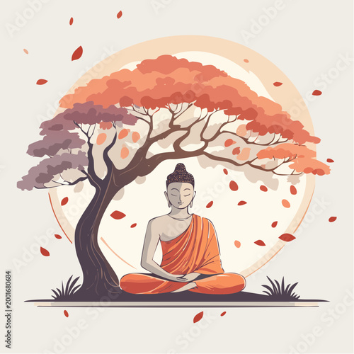 Buddha meditating under a tree with falling leaves
