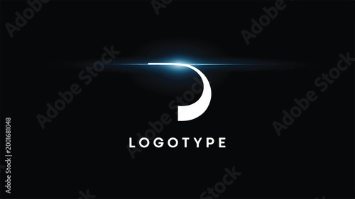 Abstract white curved shape resembling a stylized letter d or crescent moon with a bright blue horizontal lens flare light effect across the against a solid black background, with the word logotype