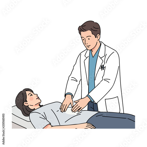 Doctor performing abdominal palpation examination on a patient lying on a medical bed in a clinic