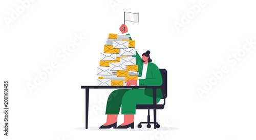 Overwhelmed office worker, stressed businesswoman, paperwork pile, desk chaos, green suit