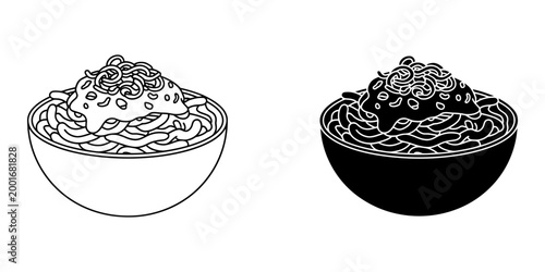 Bowl of delicious spaghetti with sauce vector line art and glyph icons on white background, bowl with pasta black and white outline sign.