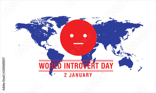 World introvert day concept with a muted red face icon and map on january