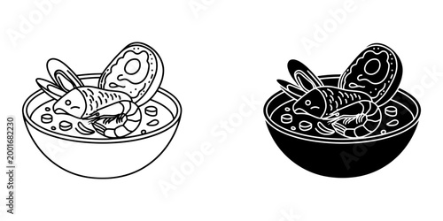 Bouillabaisse seafood soup outline and glyph icon traditional french cuisine with fish shrimp mussels vector graphics isolated on a white background.