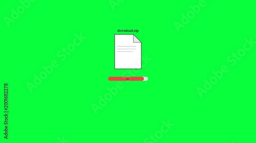 Compressed file icon with a red download button that is clicked, followed by a progress bar from 0% to 100% and ending with an open button, symbolizing file download and data transfer