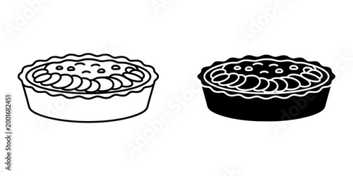 Set of simple line art and solid black savory vegetable pie icons for bakery menu design vector isolated on white background depicting delicious crusty pastry snack for cafe and home kitchen usage.