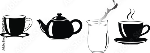 Black coffee pot, kettle, cup and pitcher on white background