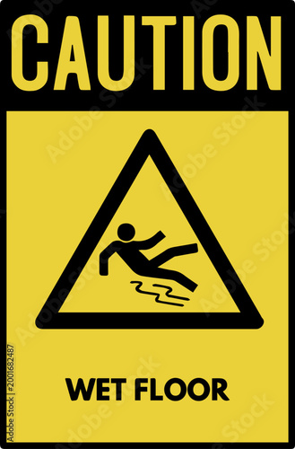 Caution Wet Floor Safety Sign with Slipping Man Icon on Yellow Background