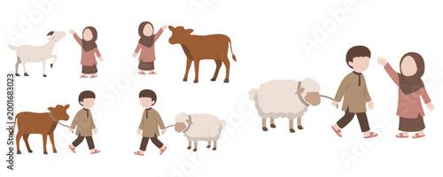 Muslim Children with Farm Animals for Eid al-Adha Illustration