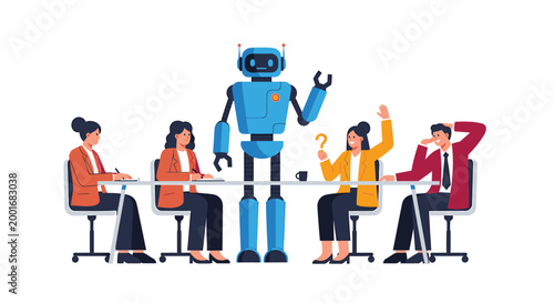 Robot, team, collaboration, business meeting, office, technology, innovation, vector illustration