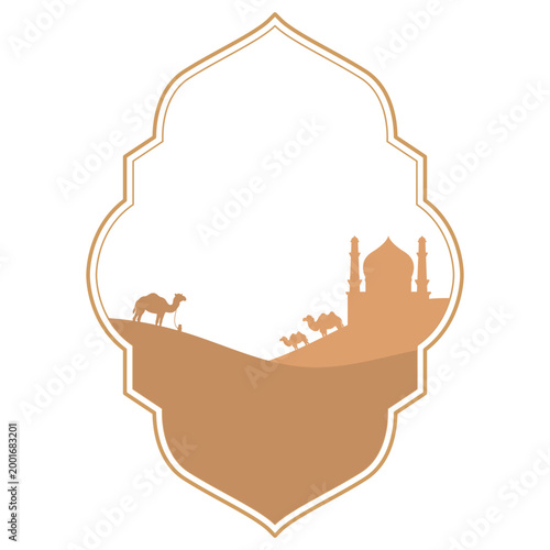 Islamic Desert Frame with Mosque and Camels Silhouette