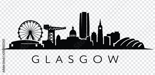 Black silhouette of glasgow city skyline with ferris wheel and crane