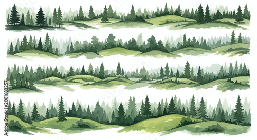 Watercolor pine forest landscape borders, green misty woodland hills vector set, hand painted evergreen tree horizontal dividers for nature design