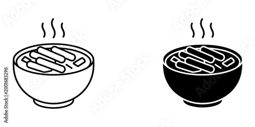 Tteokbokki spicy rice cakes bowl icon set in line and silhouette styles showing steaming cylindrical rice cakes with fish cake in red sauce for south korean street food snack and culinary graphics.