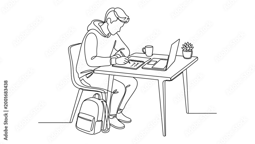 Fototapeta premium A man sitting at a desk working on laptop and writing.
