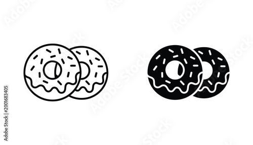 Two delicious glazed donuts with sprinkles icon set in minimalist black and white vector style for bakery and dessert menu design concepts isolated on white background