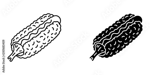 Gamja hot dog korean potato corn dog icon set in line and solid styles featuring deep fried sausage on stick coated with crunchy potato cubes popular street food snack for fast food menu design.