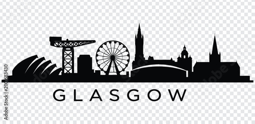 Glasgow city skyline silhouette with famous landmarks and attractions