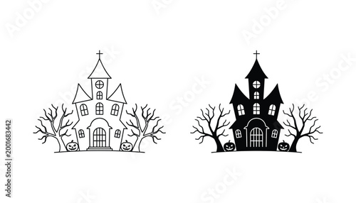 Haunted house mansion with spooky trees and jack-o-lantern pumpkins in outline and solid vector graphic styles for halloween seasonal event and creepy holiday party design asset collection