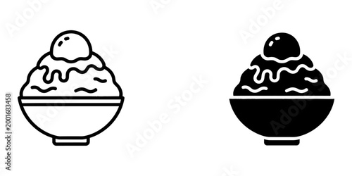Bingsu korean shaved ice dessert bowl icon set featuring fluffy ice mountain topped with syrup and rice cake or fruit scoop for cafe menu and summer treat design in line and silhouette style.