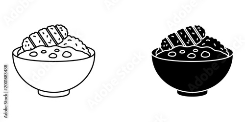 Katsudon japanese pork cutlet and egg rice bowl icon for apps and websites on white background in outlined and glyph style food vector illustration set isolated.