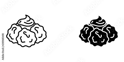 Takoyaki octopus balls with mayonnaise icon for apps and websites on white background in outlined and glyph style japanese street food vector illustration set isolated.