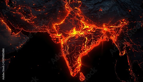 Fiery India: A striking, artistic representation of India, ablaze with vibrant, fiery hues, creating an evocative image of the nation. 