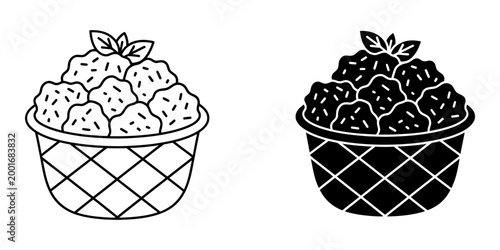 Fried chicken balls basket icon in outline and filled style, crispy snacks with herbs, popular appetizer or party food, casual dining vector graphic for menu or flyer, tasty finger food illustration.