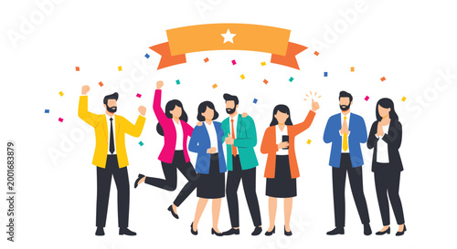 Business people, celebration, confetti, colorful, vector icons, office party, team, success
