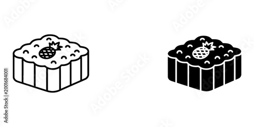 Set of pineapple mooncakes for mid autumn festival bakery collection showing traditional delicious baked dessert treats with intricate patterned crust in minimalist linear and solid black glyph icons.