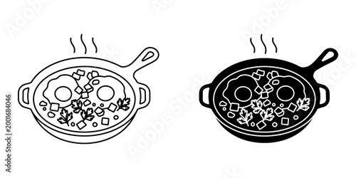 Skillet breakfast dish featuring cooked sunny side up eggs with vegetables and fresh herbs served hot in cast iron pan depicted in clean outline and solid black silhouette vector graphic icon sets.