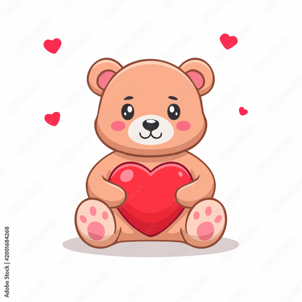 Obraz premium Cute Teddy Bear Holding a Red Heart with Hearts Floating Around