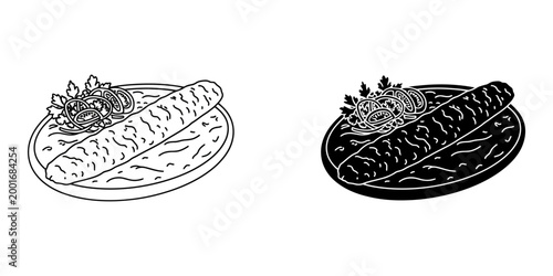 Seekh kebab grilled meat on plate icon in outline and glyph style for middle eastern cuisine menu design skewer dish vector illustration isolated on white background for graphic digital assets set.