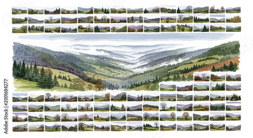 Watercolor mountain landscape collection, hand-painted nature scenery set, artistic green valley and forest illustrations, panoramic rural vista vector
