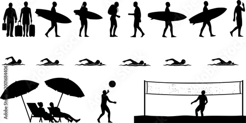 Summer Vacation and Beach Activities People Silhouettes Set - Tourists, Surfers, and Sunbathing Vector Symbols