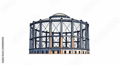 Detailed illustration of an industrial gas holder structure with a domed roof