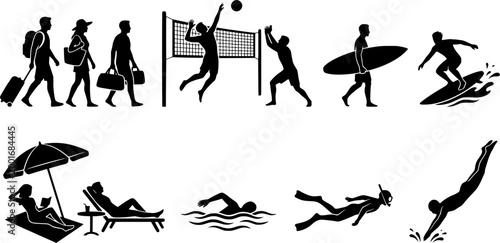 Summer Vacation and Beach Activities People Silhouettes Set - Tourists, Surfers, and Sunbathing Vector Symbols