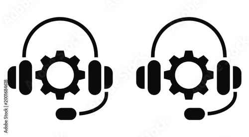 Customer service headset and gear icon collection with tech support symbols in gray, black and blue, modern professional vector for support and communication design.