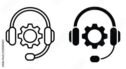 Customer service headset and gear icon collection with tech support symbols in gray, black and blue, modern professional vector for support and communication design.