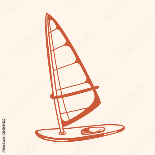 Board with sail. Sailboat with its sail raised, created using hand drawn lines. Ideal for artwork featuring windsurfing, summer outdoor activities, travel, and dynamic nature-related themes
