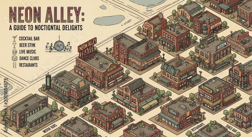 Isometric map of a fictional city district called Neon Alley.