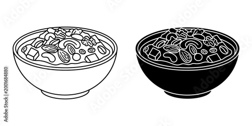 Nutritious bowl of mixed nuts vector illustration featuring detailed outline and solid black silhouettes for healthy snack breakfast cereal menu design assets or nutrition branding graphic projects.