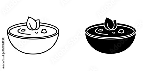 Bowl of soup or dip with basil leaf garnish, minimalist flat design vector illustration