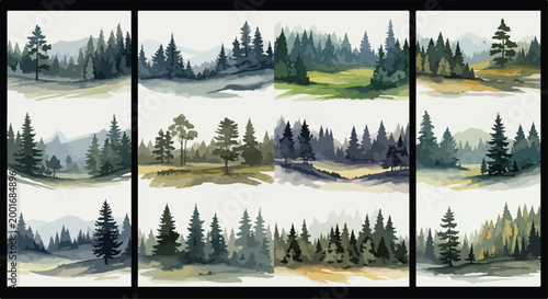 Watercolor pine forest landscape set, 12 evergreen tree wilderness illustrations, misty mountain woodland vector backgrounds for nature branding