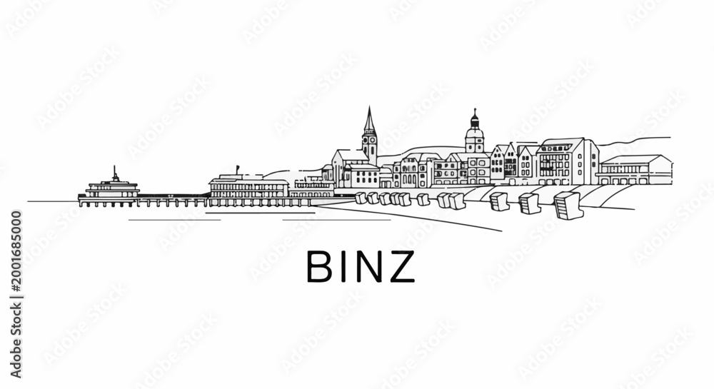 Fototapeta premium Detailed line drawing of a coastal town skyline with a pier and buildings