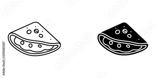 Folded crepe or stuffed pastry snack vector icon set featuring outline and solid black style with fruit filling for dessert cafe menu design bakery branding or sweet treat food industry imagery.