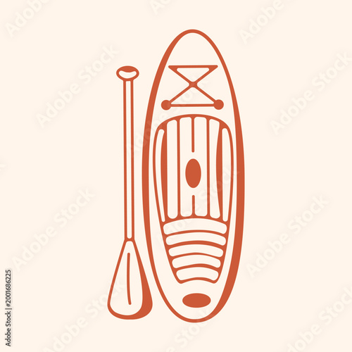 Surfboard with a paddle. A wide board with a separate paddle. It is perfect for collections dedicated to water sports, active lifestyle graphics, travel-themed illustrations, and summer collections.