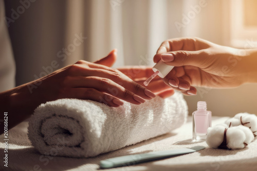 A person receiving a nail treatment with clear polish applied on their nails, resting on a rolled white towel with cotton and nail file nearby.