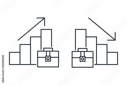 Business portfolio and charts with up and down arrows. Business growth, success, and degradation, decline. Vector linear icon isolated on white background.