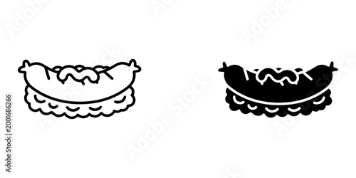 Grilled sausage with mustard or sauce topping linear and silhouette icons set of fried bratwurst on bread or garnish base snack symbols collection isolated vector illustrations on white background.