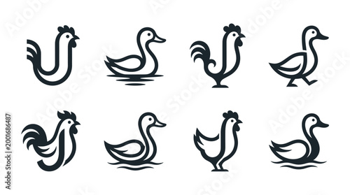 Black and white chicken duck icons.